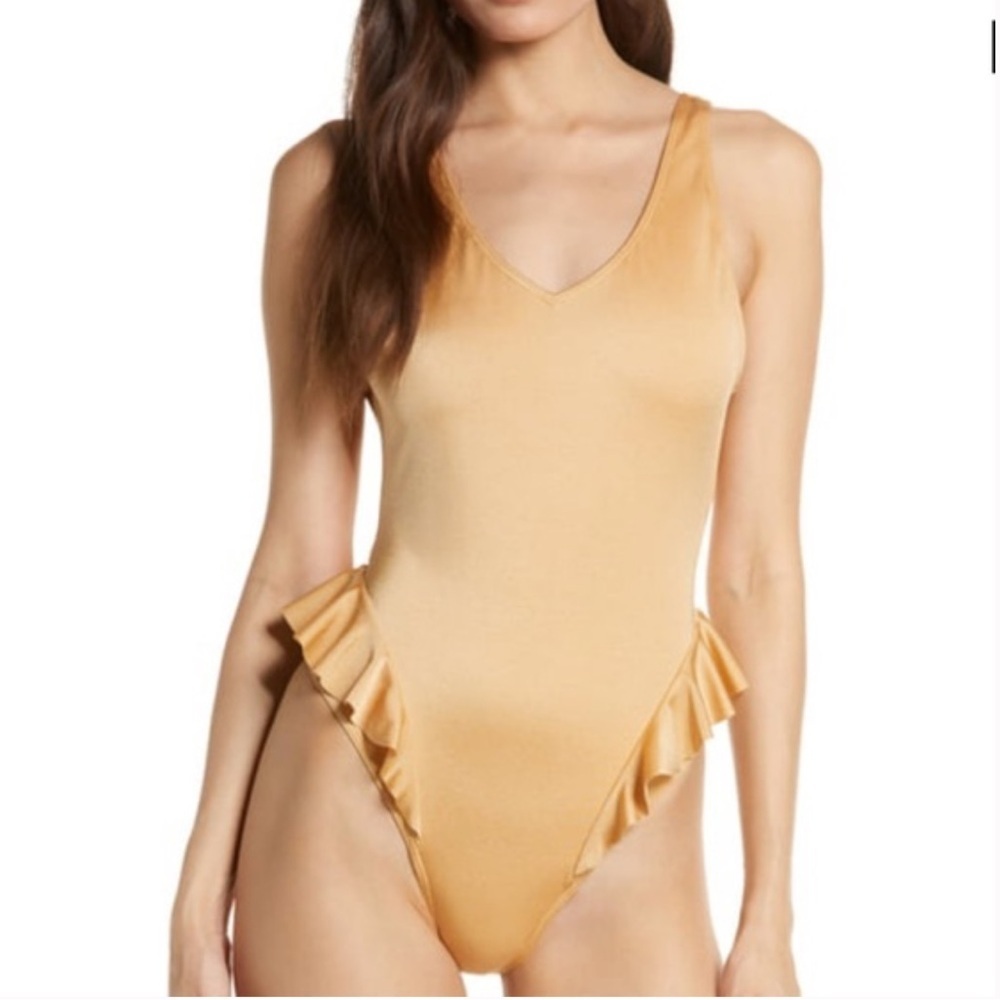 Something Navy Frill Backless High Cut One Piece Swimsuit NEW